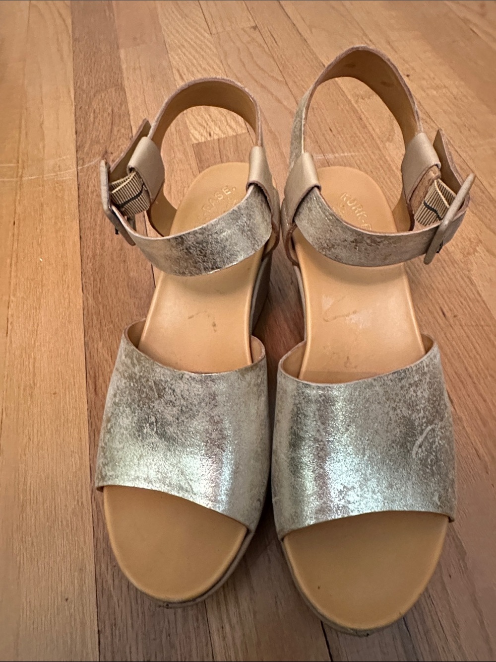 Kork-Ease Metallic Gold Open-Toe Ankle Strap wedge Sandals